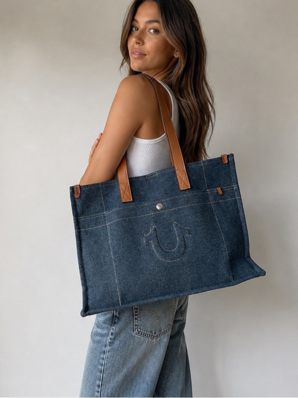 True religion Denim Tote Bag with Brown Leather Handles